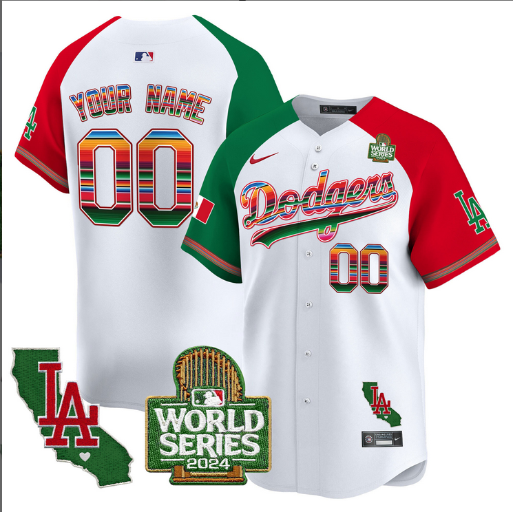 Men Custom MLB Mexico Los Angeles Dodgers white 2024 World Series Champions Patch Jersey 20241105 style 2->customized mlb jersey->Custom Jersey